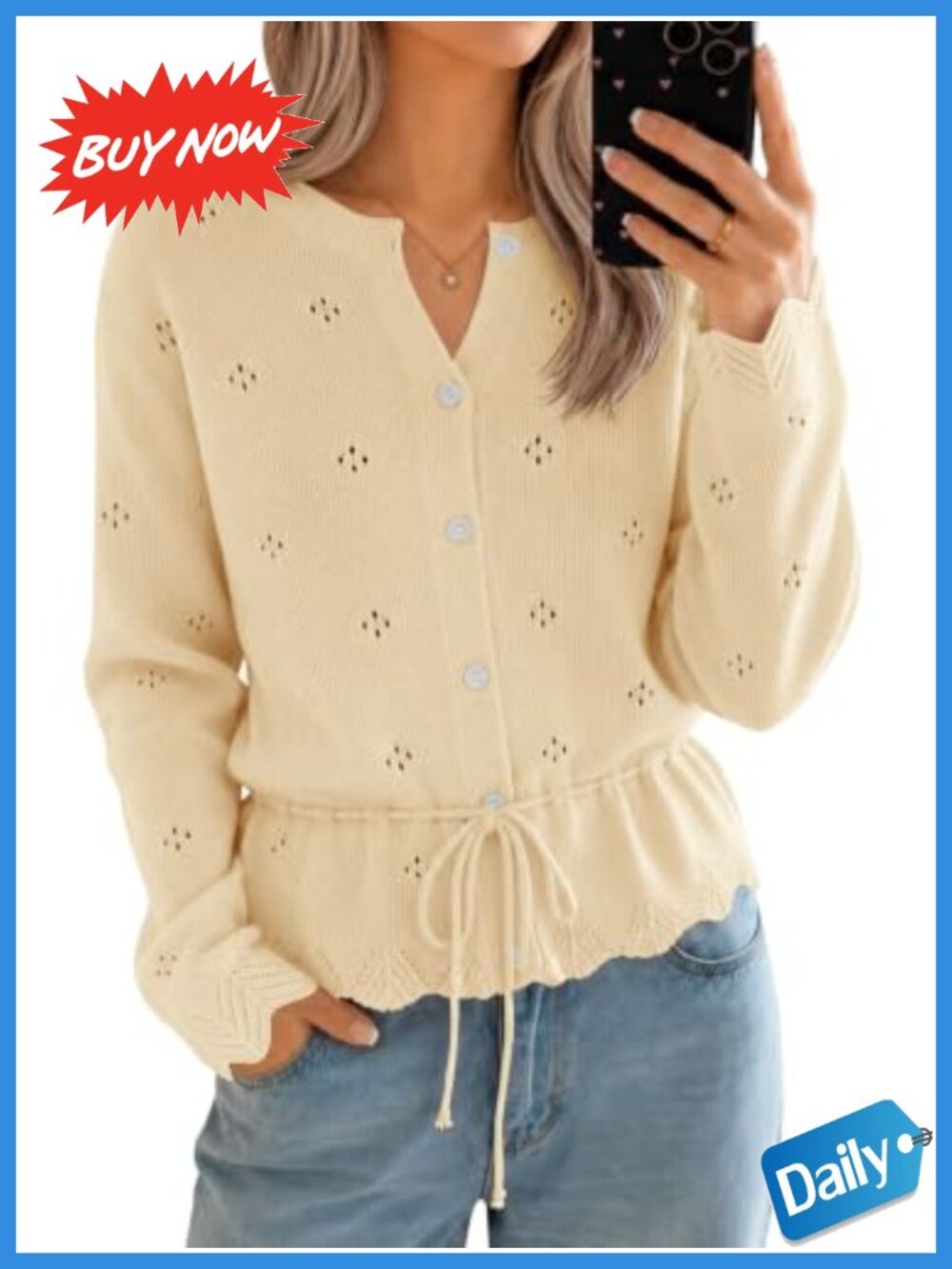 Crochet Knit Cardigan Long Sleeve Button Down Bow Tie Front Scalloped Sweater